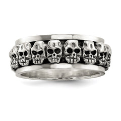 Sterling Silver Polished Spinning Center Antiqued Skull Ring - 4