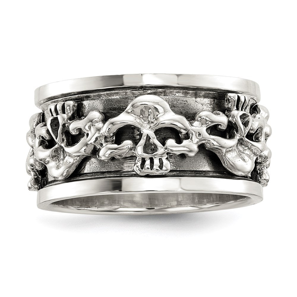 Sterling Silver Polished Spinning Center Antiqued Skull Ring - 6