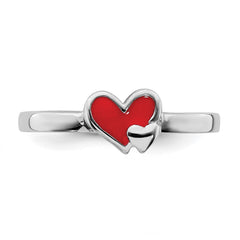Sterling Silver RH-plated Red Enameled Double Heart Children's Ring - 2