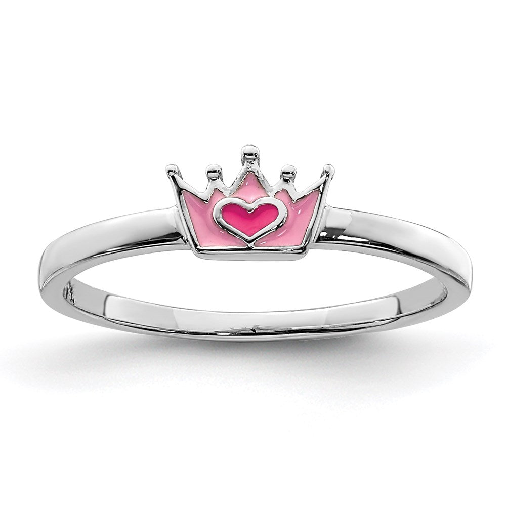 Sterling Silver Rhodium-plated Polished Pink Enamel Crown Children's Ring - 2