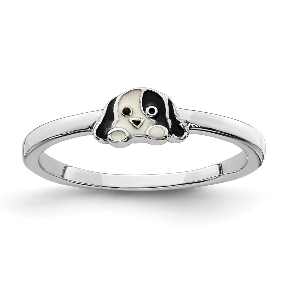 Sterling Silver RH-plated Black & White Enameled Puppy Children's Ring - 2