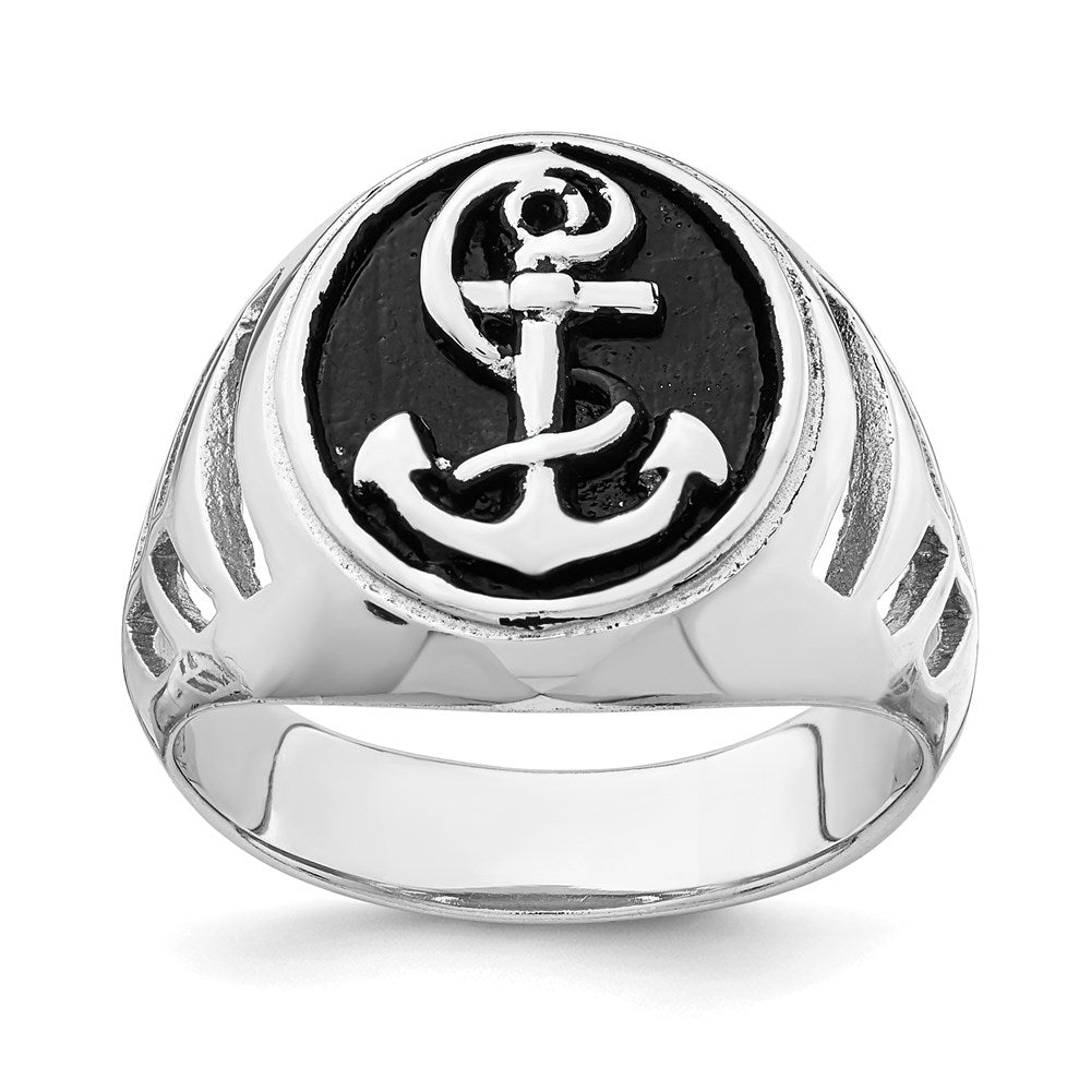 Sterling Silver Rhodium-plated & Antiqued Plated Anchor Ring - 3
