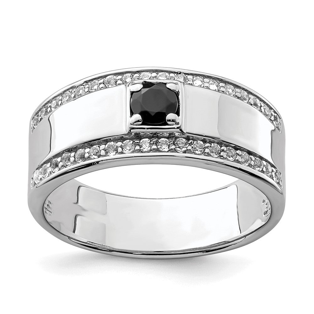 Sterling Silver Rhodium-plated Men's Onyx and White Topaz Ring - 5