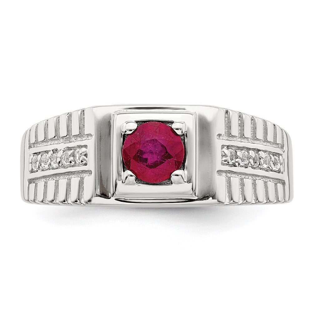 Sterling Silver Rhod-plated Men's African Ruby and White Topaz Ring - 7