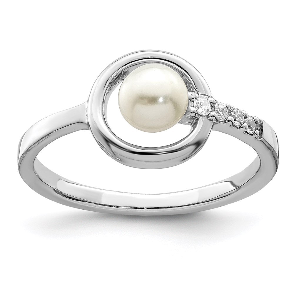Sterling Silver Rhodium-plated CZ 5-6mm Button FWC Pearl in Circle Ring - 3