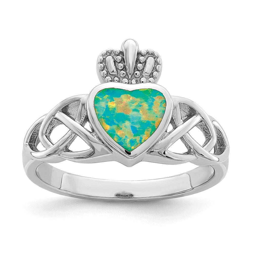 Sterling Silver Rhod-plated Lab Created Opal Celtic Knot Crown Ring - 2