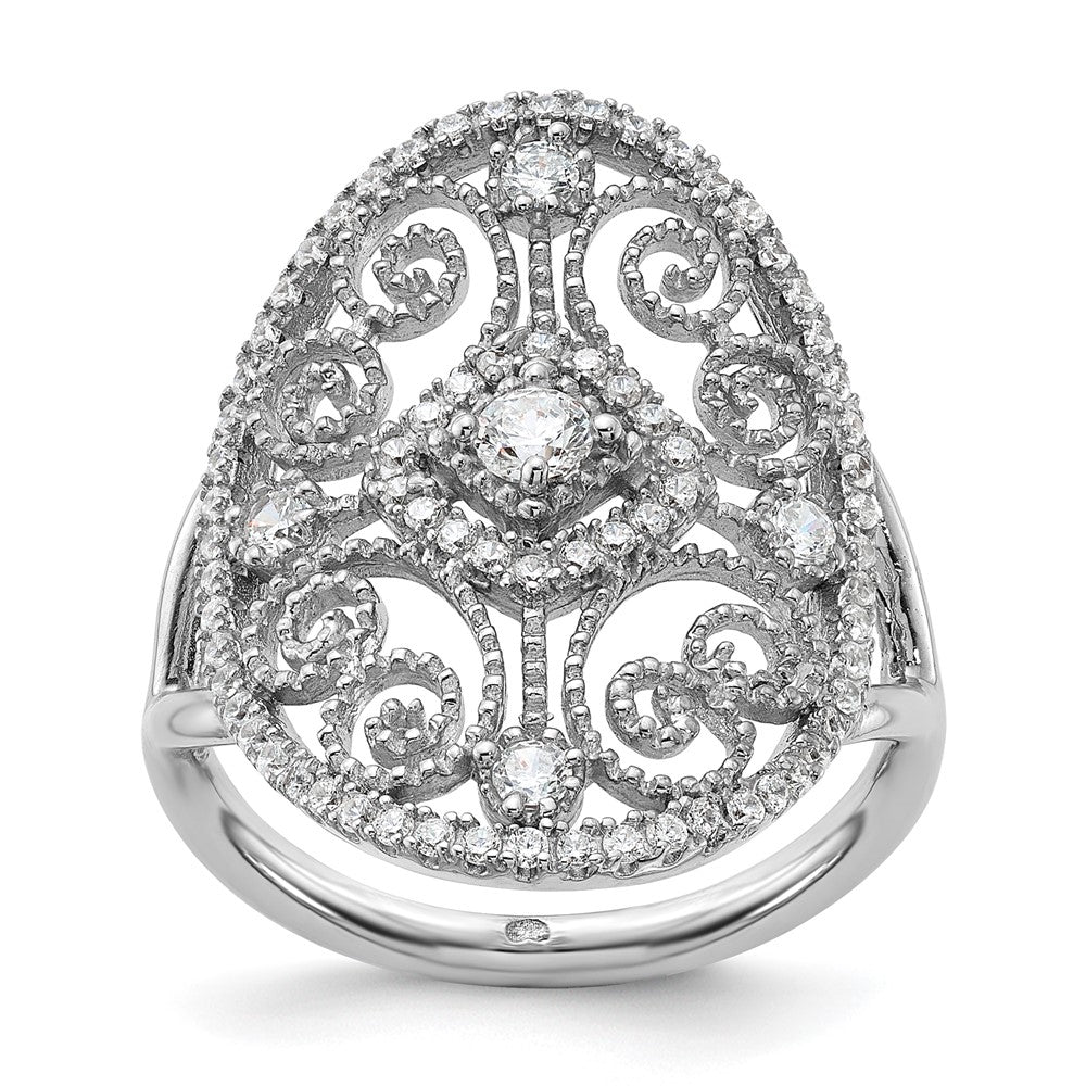 Sterling Silver Rhodium-plated CZ Filigree Oval Ring - 3