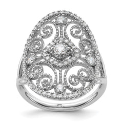 Sterling Silver Rhodium-plated CZ Filigree Oval Ring - 2