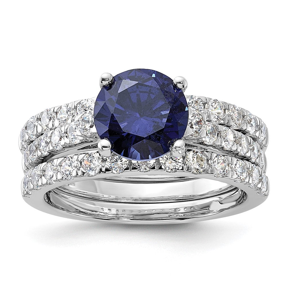 Sterling Silver Rhodium-plated 8mm Blue CZ Engagement Ring and White CZ Wedding Band Set - 2
