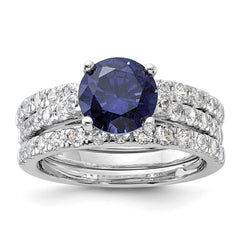 Sterling Silver Rhodium-plated 8mm Blue CZ Engagement Ring and White CZ Wedding Band Set - 2