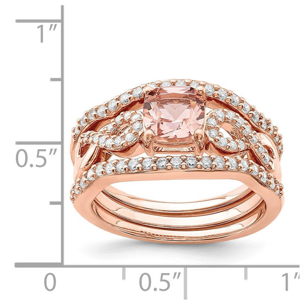 Sterling Silver Rose-tone 3 Piece Pink Crystal & CZ Ring Set - 2