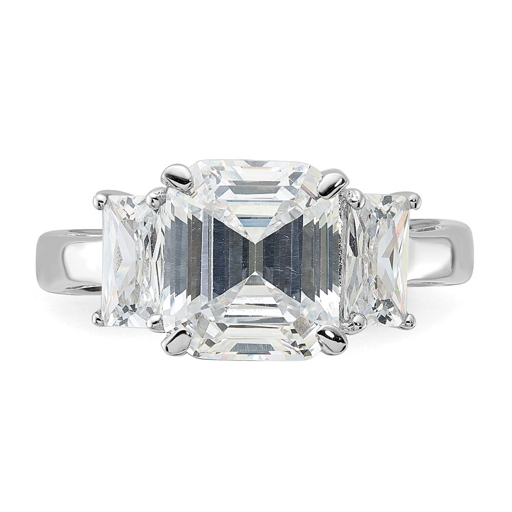 Sterling Silver Rhodium-plated Emerald-cut CZ 3-stone Ring - 3