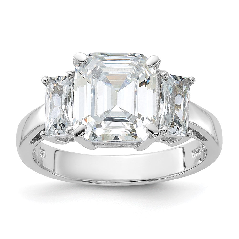 Sterling Silver Rhodium-plated Emerald-cut CZ 3-stone Ring - 3