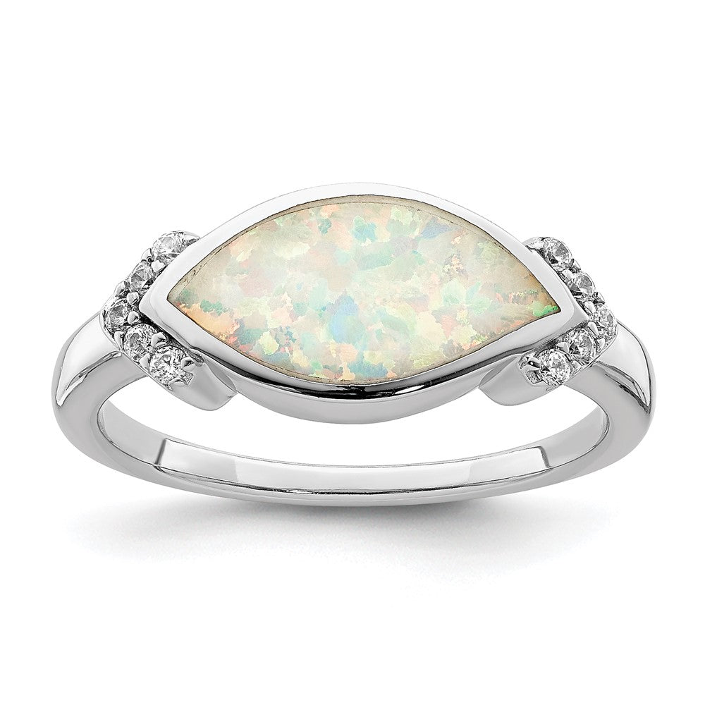 Sterling Silver Rhodium-plated Marquise Lab created Opal & CZ Ring - 2