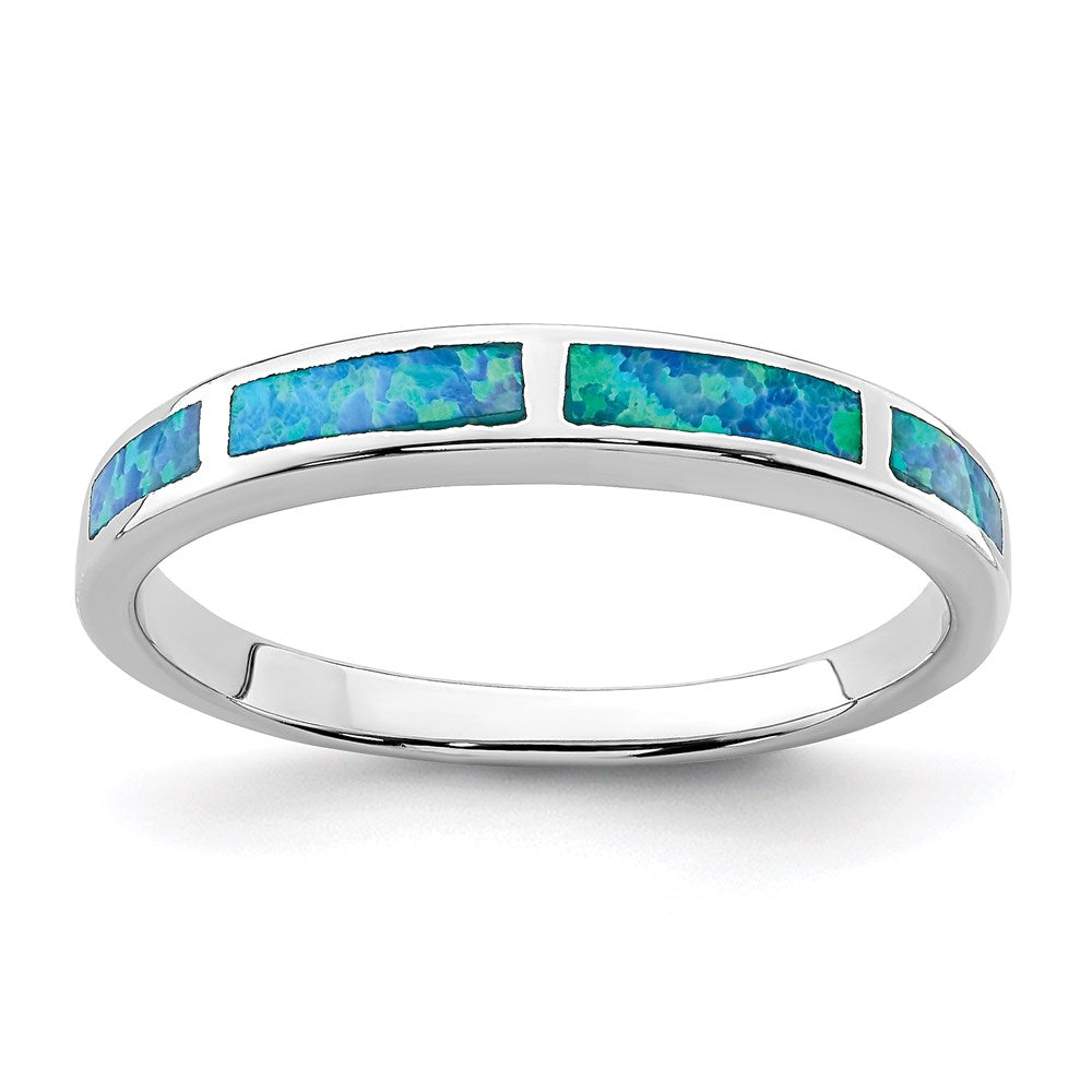 Sterling Silver Rhodium-plated Lab Created Blue Opal Inlay Band - 2