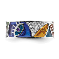 Sterling Silver Rhodium-plated Abstract Multi-color Enamel & CZ Cuff Ring - 2