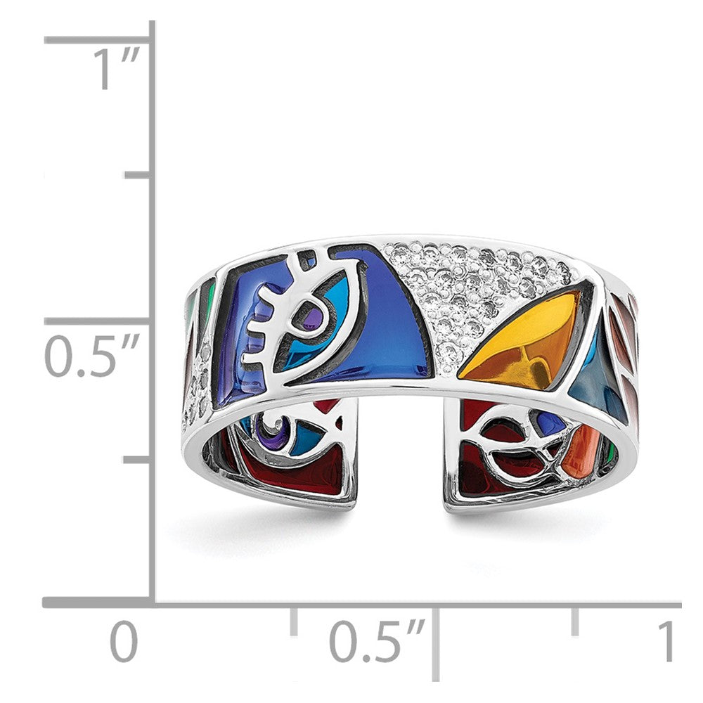 Sterling Silver Rhodium-plated Abstract Multi-color Enamel & CZ Cuff Ring - 2