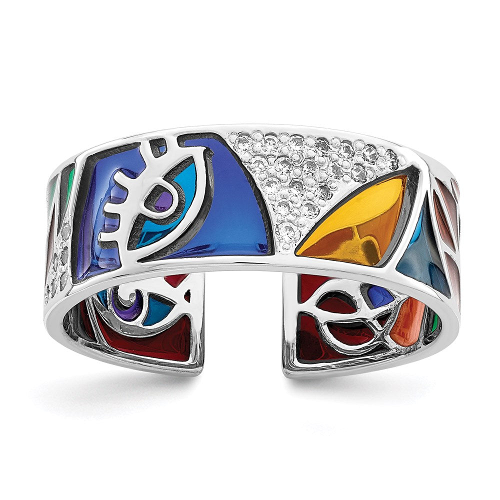 Sterling Silver Rhodium-plated Abstract Multi-color Enamel & CZ Cuff Ring - 2