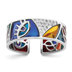 Sterling Silver Rhodium-plated Abstract Multi-color Enamel & CZ Cuff Ring - 2
