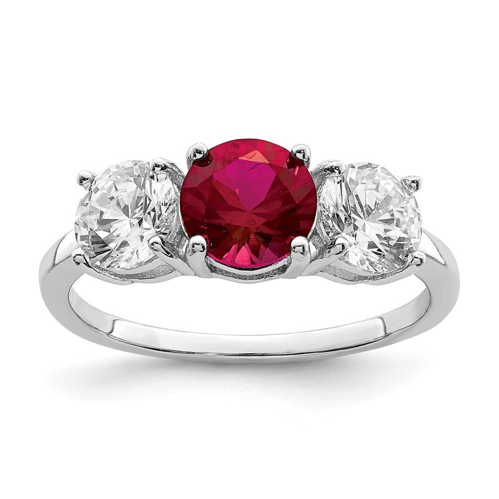 Sterling Silver Rhodium-plated Created Corundum & CZ 3 Stone Ring - 2