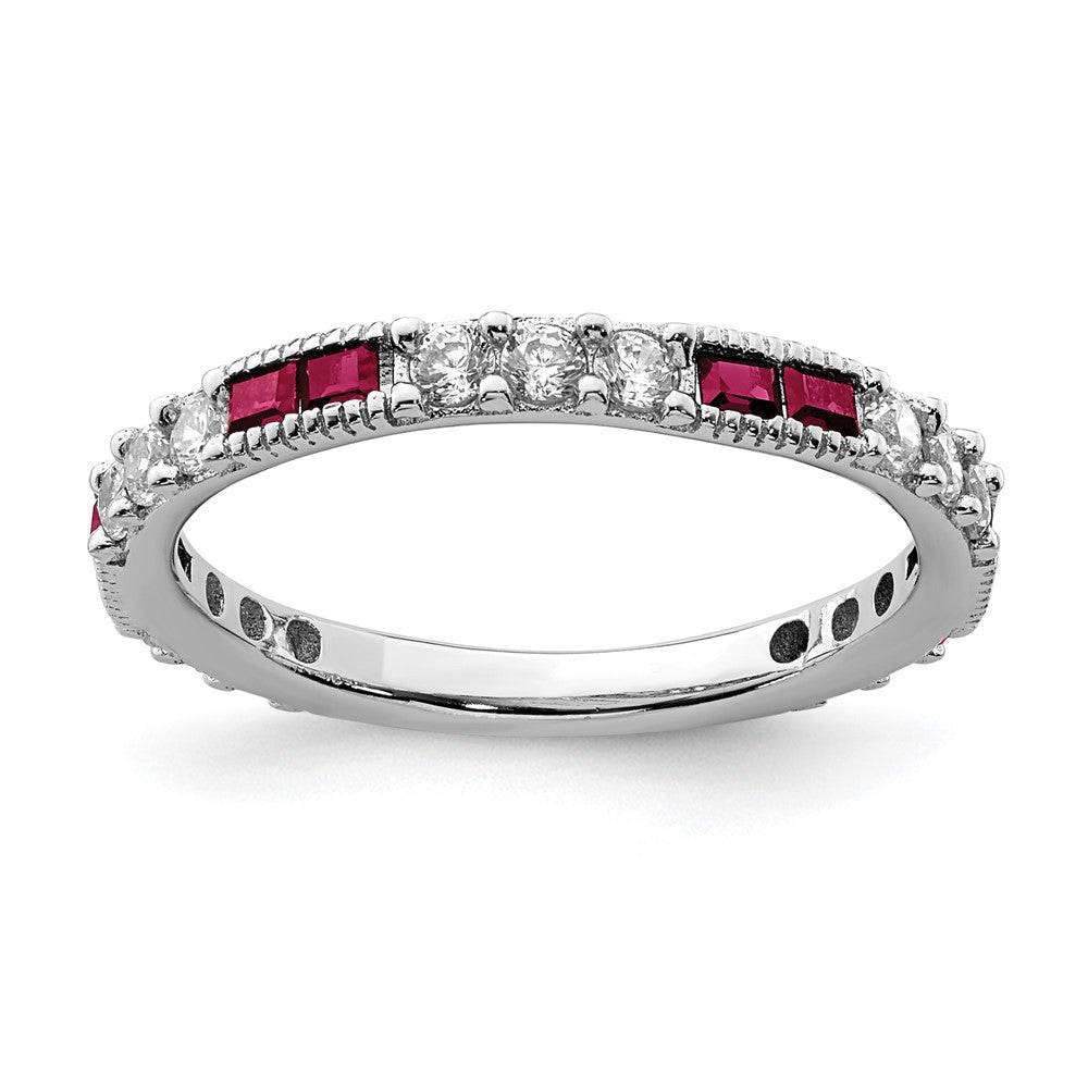 Sterling Silver Rhodium-plated Created Ruby and Round CZ Band - 3