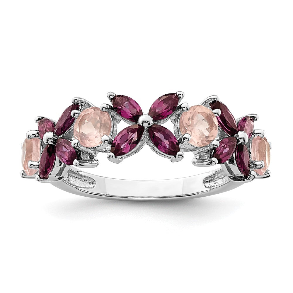Sterling Silver Rhodium-plated Rose Quartz & Rhodolite Ring - 3