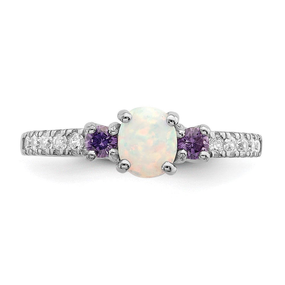 Sterling Silver Rhodium-plated Lab Created Opal/CZ Ring - 3