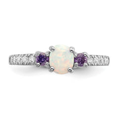 Sterling Silver Rhodium-plated Lab Created Opal/CZ Ring - 3
