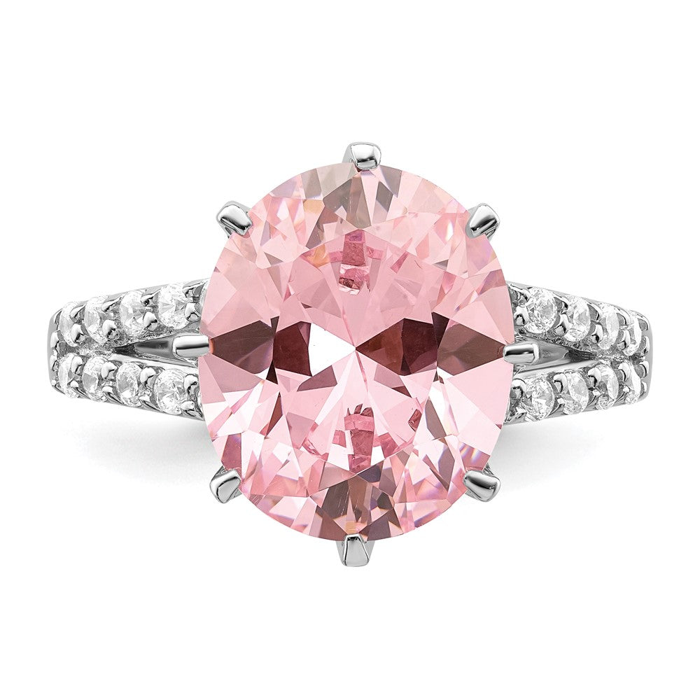 Sterling Silver Rhodium-plated 12x10 Oval Pink & White CZ Ring - 2