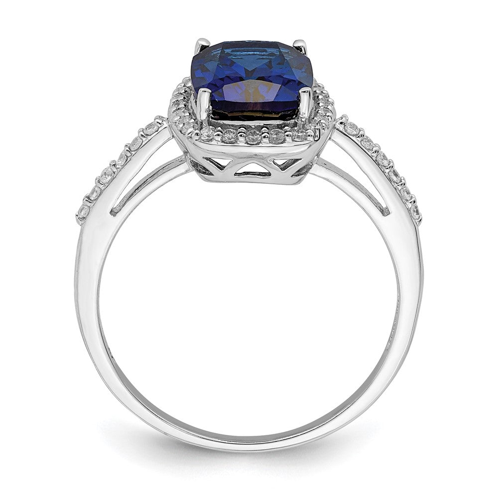 Sterling Silver Rhodium-plated Created Blue Sapphire and CZ Ring