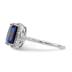 Sterling Silver Rhodium-plated Created Blue Sapphire and CZ Ring