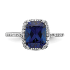 Sterling Silver Rhodium-plated Created Blue Sapphire and CZ Ring