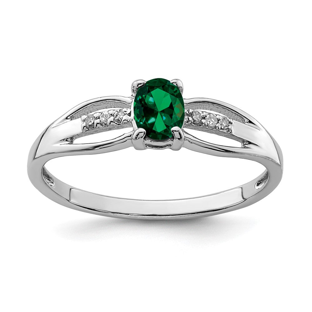 Sterling Silver Rhod-plated Diamond Created Emerald Ring - 2