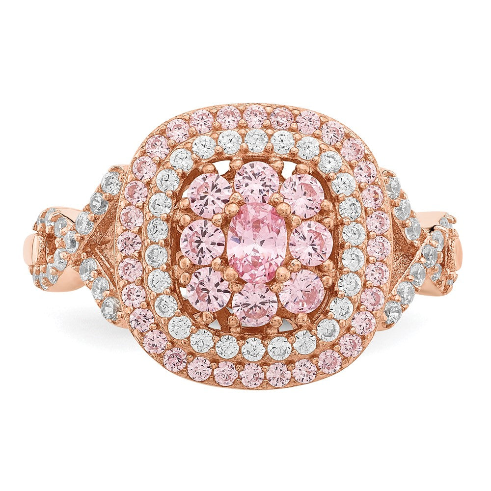 Sterling Silver Rose-plated Pink and White CZ Cushion Ring - 3