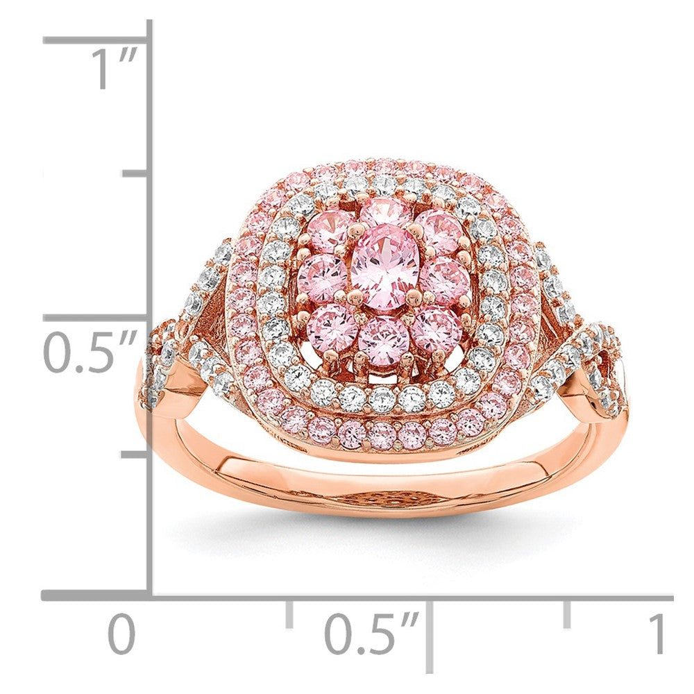 Sterling Silver Rose-plated Pink and White CZ Cushion Ring - 3