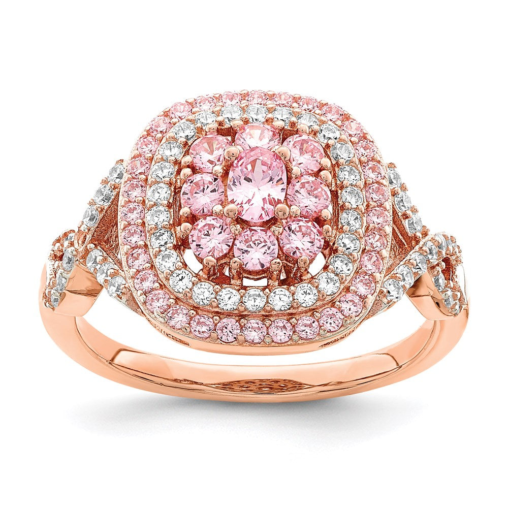 Sterling Silver Rose-plated Pink and White CZ Cushion Ring