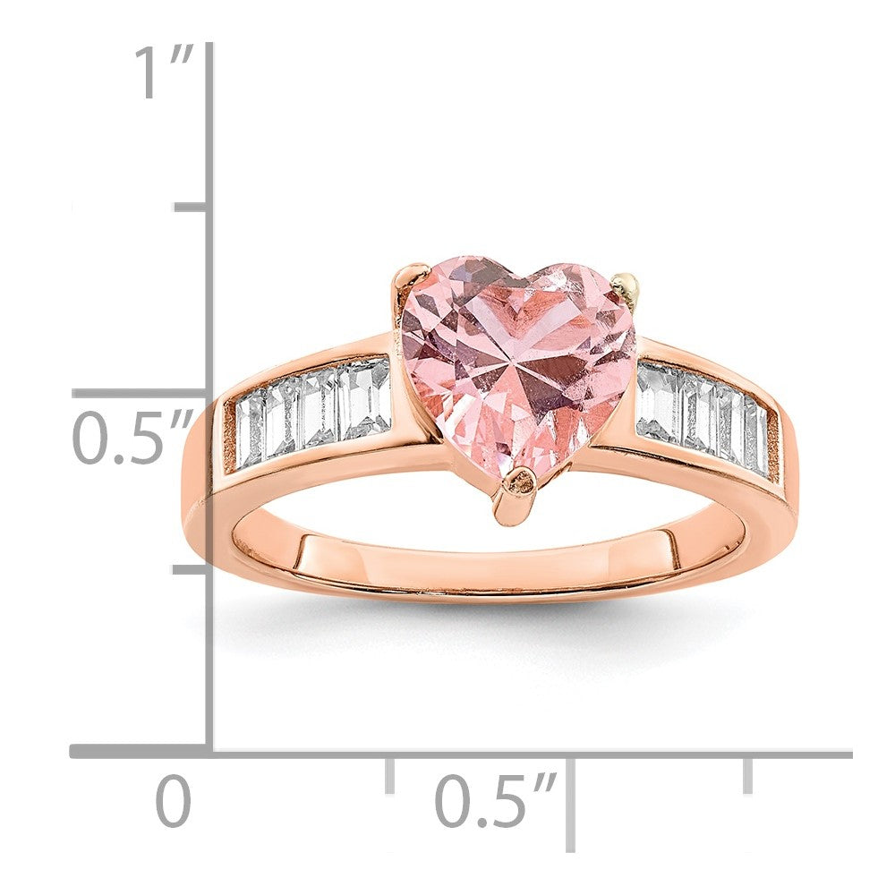 Sterling Silver Rose-plated Crystal Heart and White CZ Baguette Ring - 2