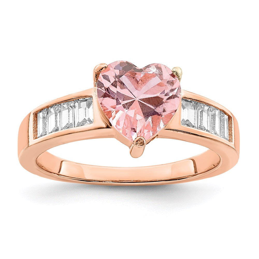 Sterling Silver Rose-plated Crystal Heart and White CZ Baguette Ring - 2