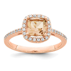 Sterling Silver Rose-tone Square Peach CZ Halo Ring - 3