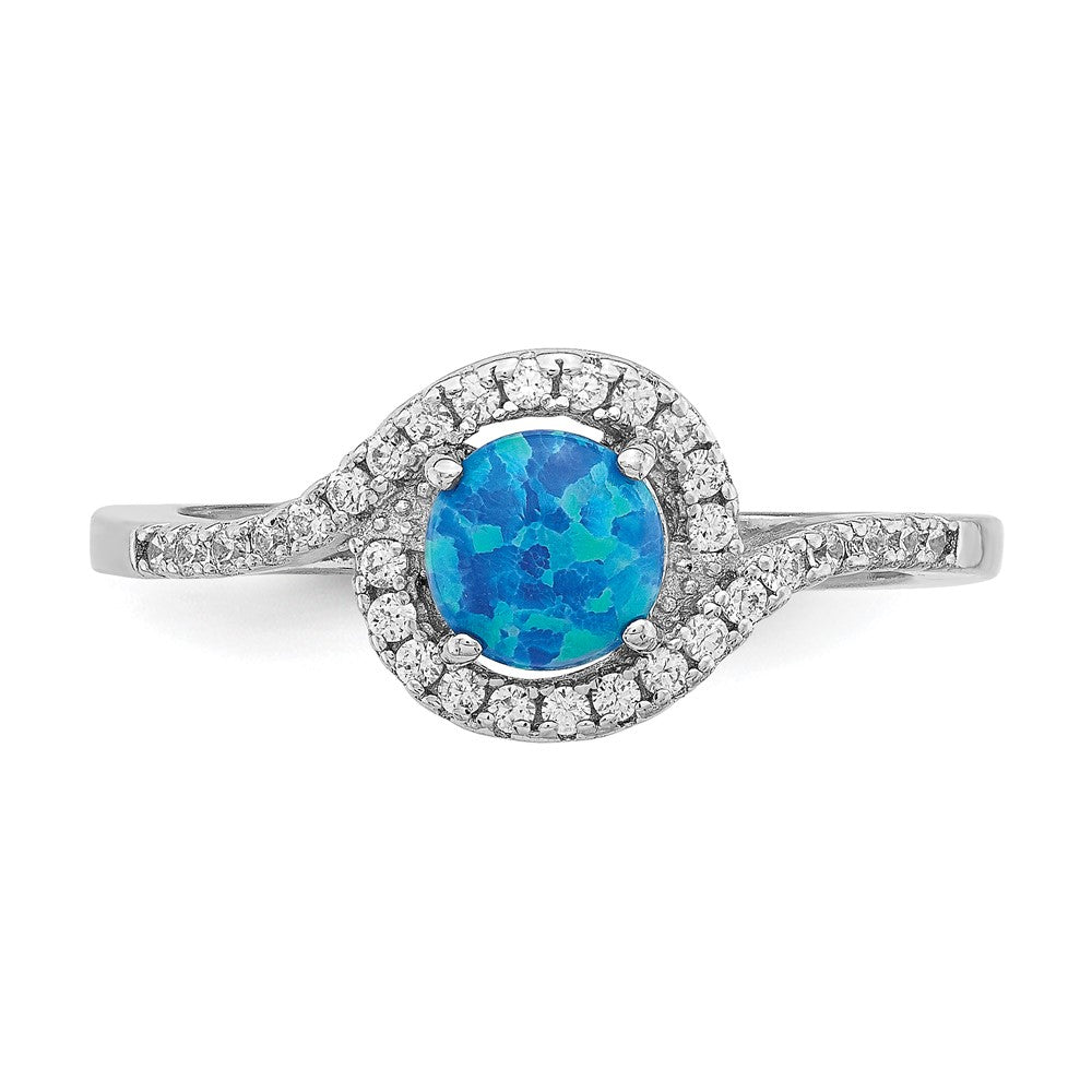 Sterling Silver Rhodium-plated Created Blue Opal /CZ Halo Ring - 3
