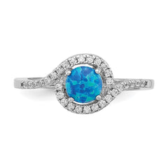 Sterling Silver Rhodium-plated Created Blue Opal /CZ Halo Ring - 3
