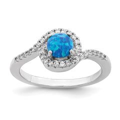 Sterling Silver Rhodium-plated Created Blue Opal /CZ Halo Ring - 3