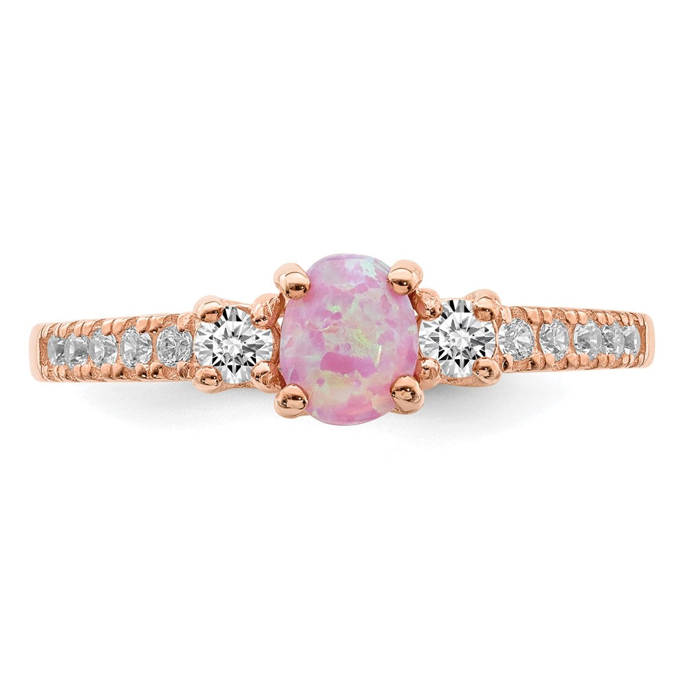 Sterling Silver Rose-tone Created Pink Opal and CZ Ring - 3