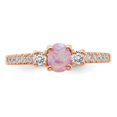 Sterling Silver Rose-tone Created Pink Opal and CZ Ring - 3