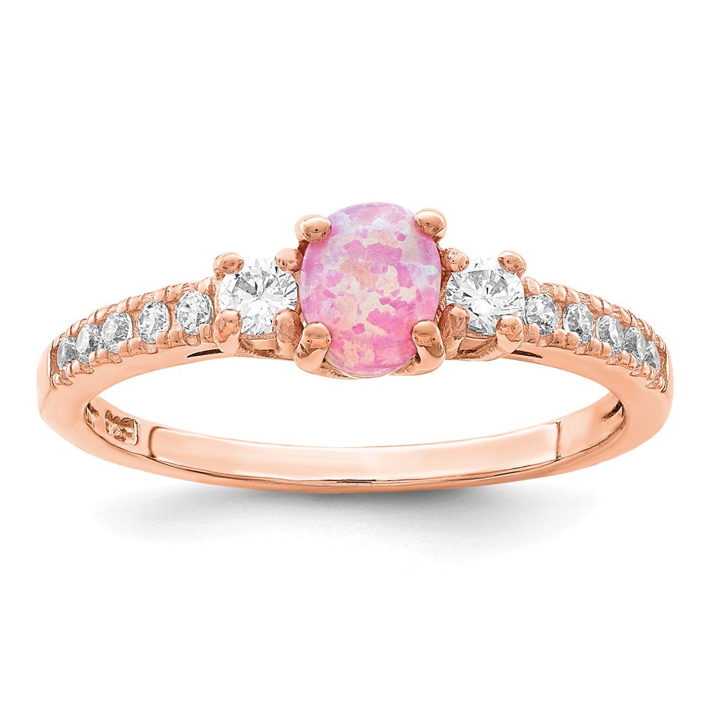 Sterling Silver Rose-tone Created Pink Opal and CZ Ring - 3