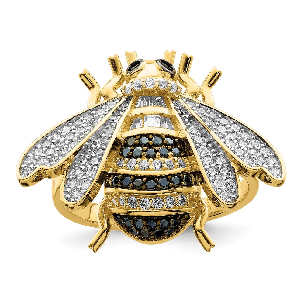 Sterling Silver Blk/White RH-plated Gold Tone CZ Bumblebee Ring - 3