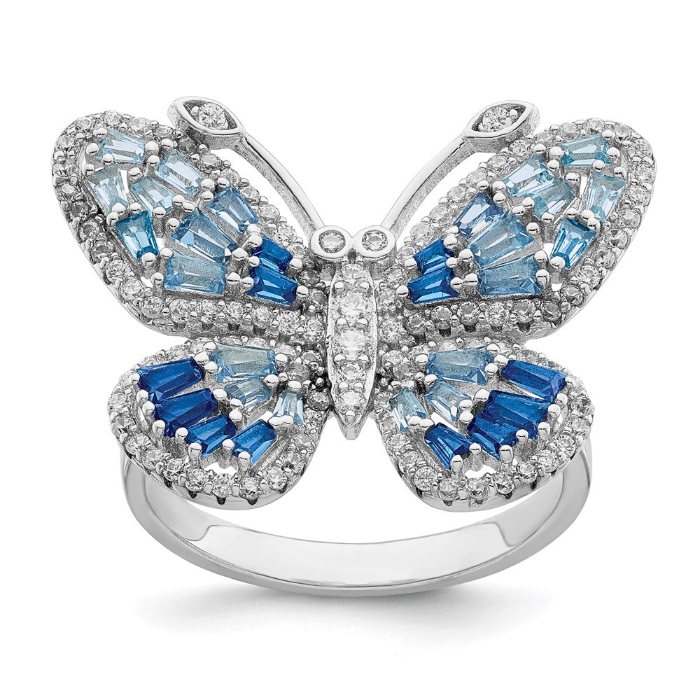 Sterling Silver Rhodium-plated Polished Blue & White CZ Butterfly Ring - 3