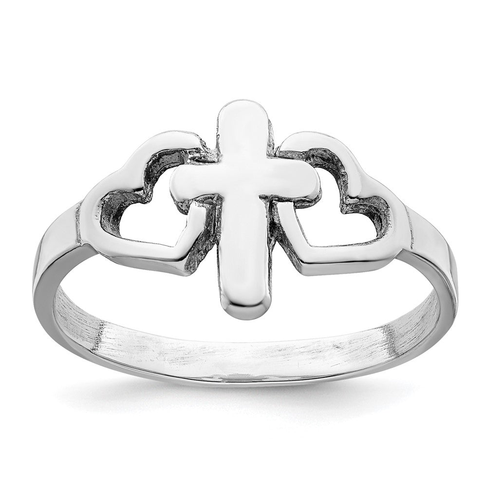 Sterling Silver Rhodium plated Hearts & Cross Ring - 2