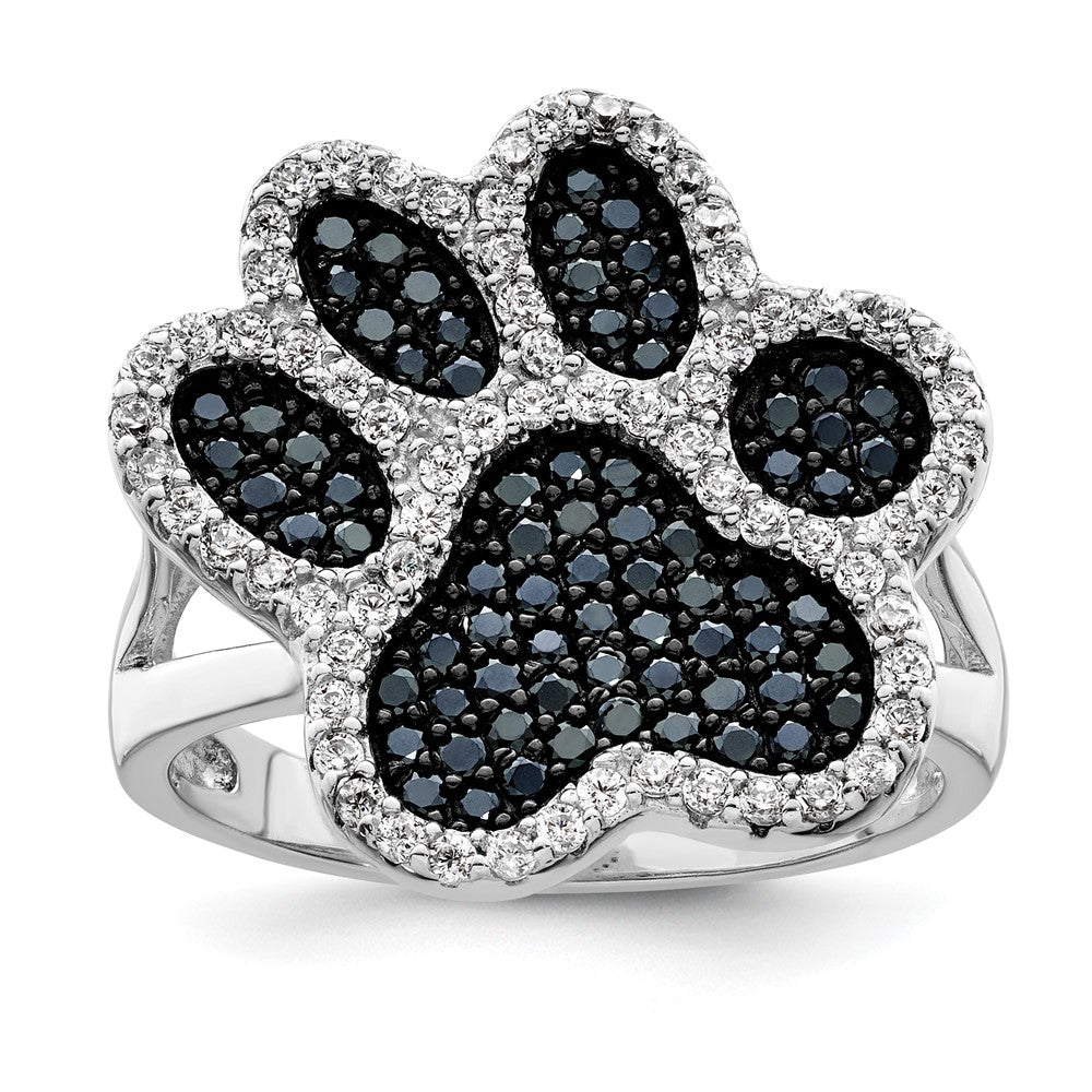 Sterling Silver Rhodium-plated Polished CZ Paw Print Ring - 3