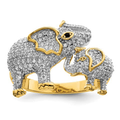 Sterling Silver Rhodium-plated Gold Tone Mom & Baby CZ Elephants Ring - 2